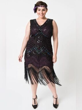 Unique Vintage Purple Fringe Flapper Dress 1920s Deco Plus 3X